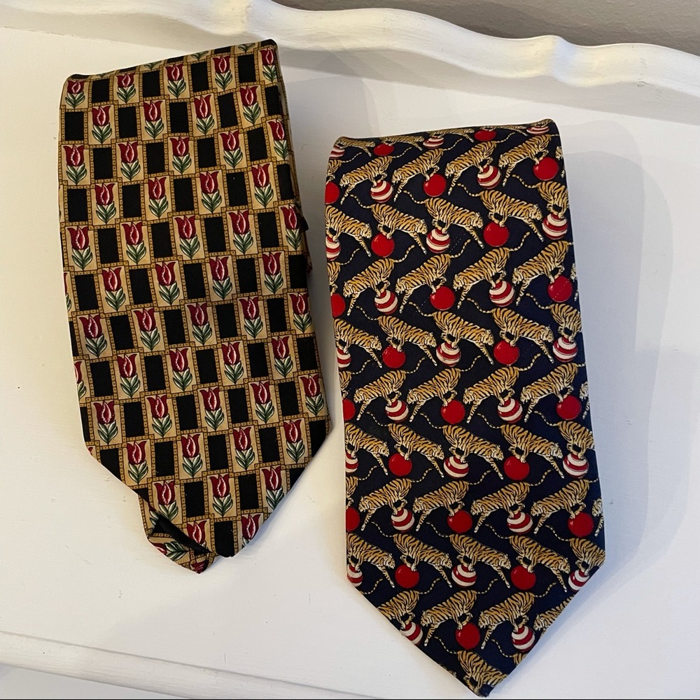 2 Rare Brooks Brothers Circus Tiger Tulips Silk Neck Tie  
59”long